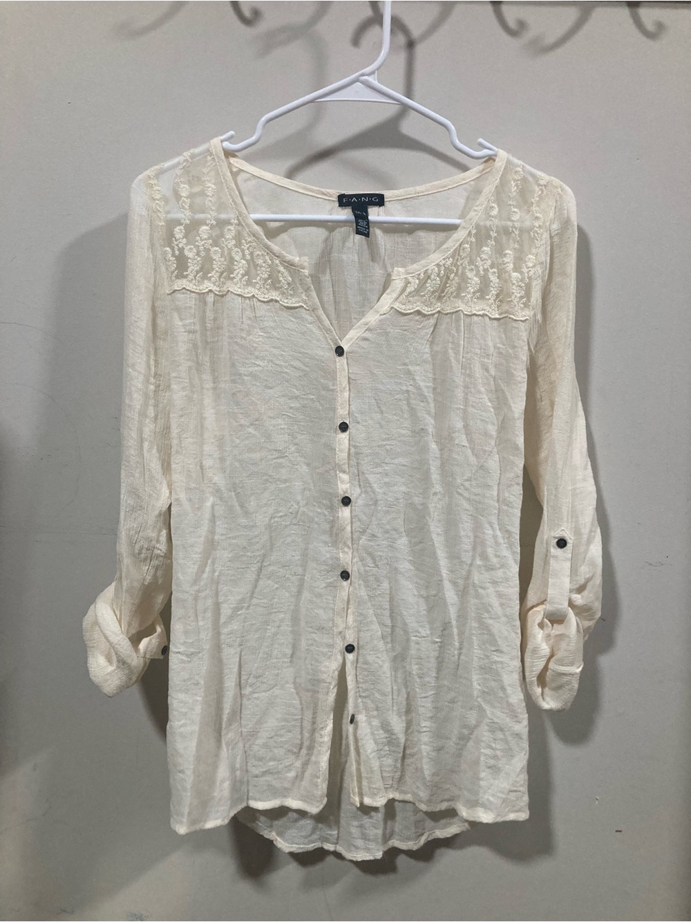 FANG Cream Lace Yoke Button-Down Blouse